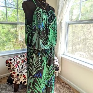 LONDON TIMES Green Palm Halter Romper Stretch Size 16